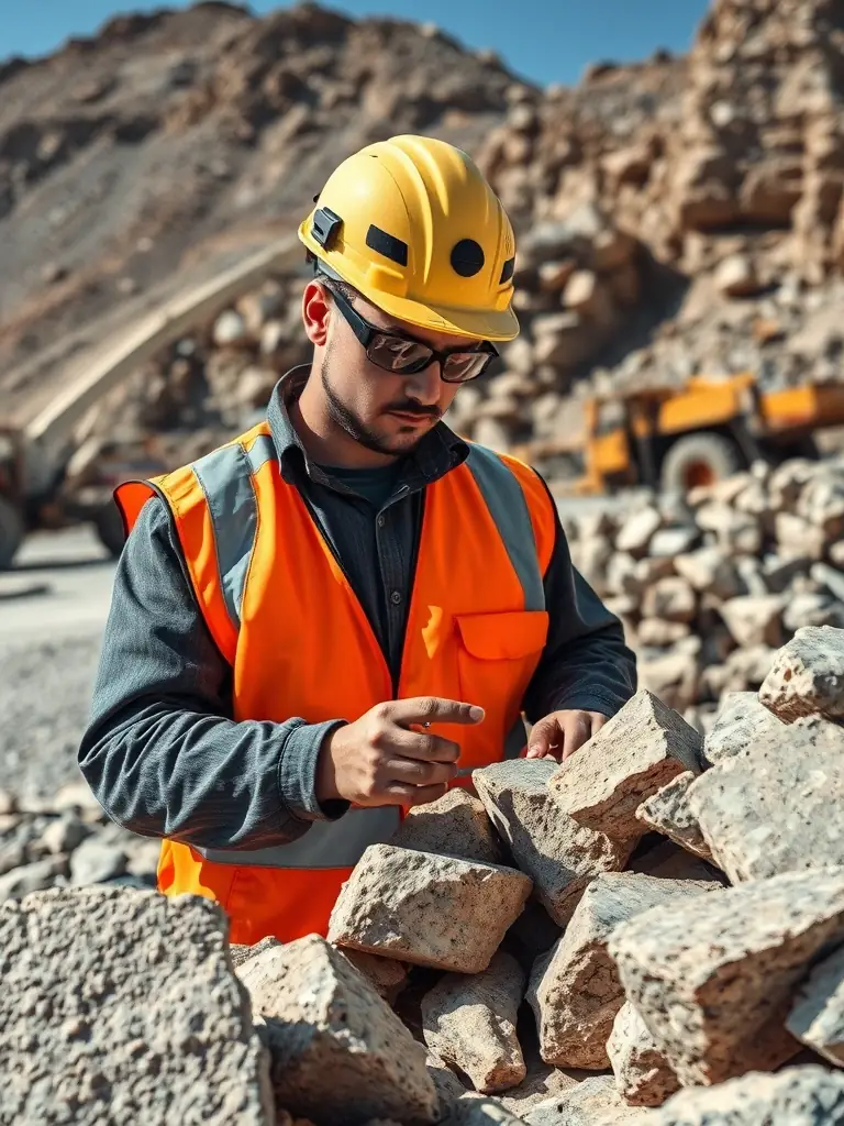 A professional inspector examining a shipment of natural stones at a quarry, ensuring quality and compliance with international standards.