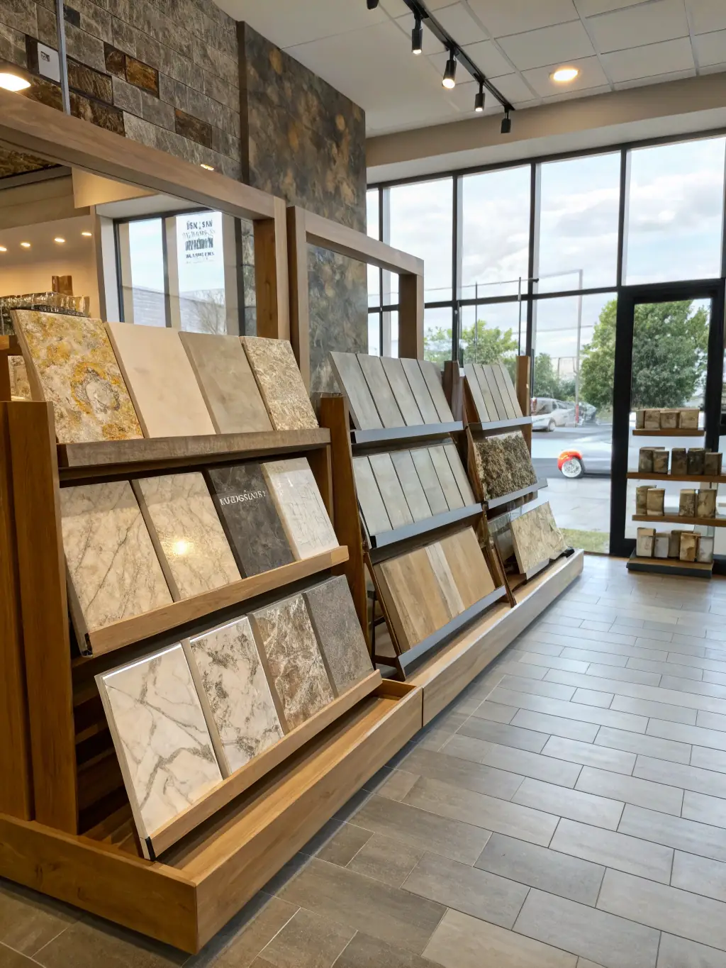 A photograph of a selection of natural stone tiles and slabs, highlighting the different colors, textures, and finishes available for export.