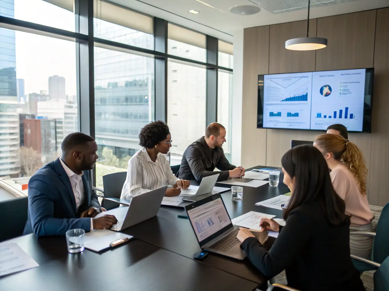 A modern office setting with consultants meeting with clients, discussing financial strategies and trade solutions, representing A One Plus Group's consulting services.