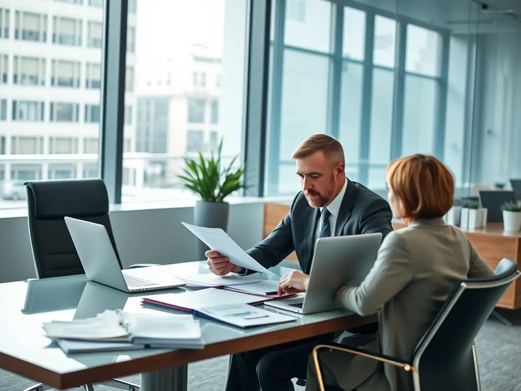 A consultant in a modern office setting, advising a client on financial strategies, representing A One Plus Group's financial consultation services.