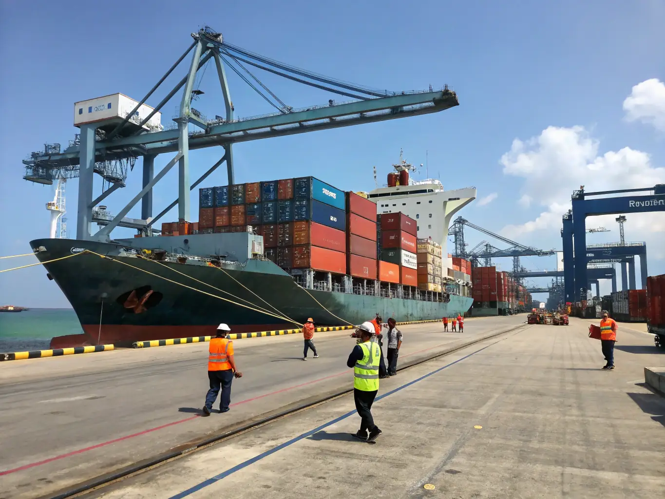 A container ship being loaded with various industrial products at a busy port, symbolizing A One Plus Group's export capabilities.