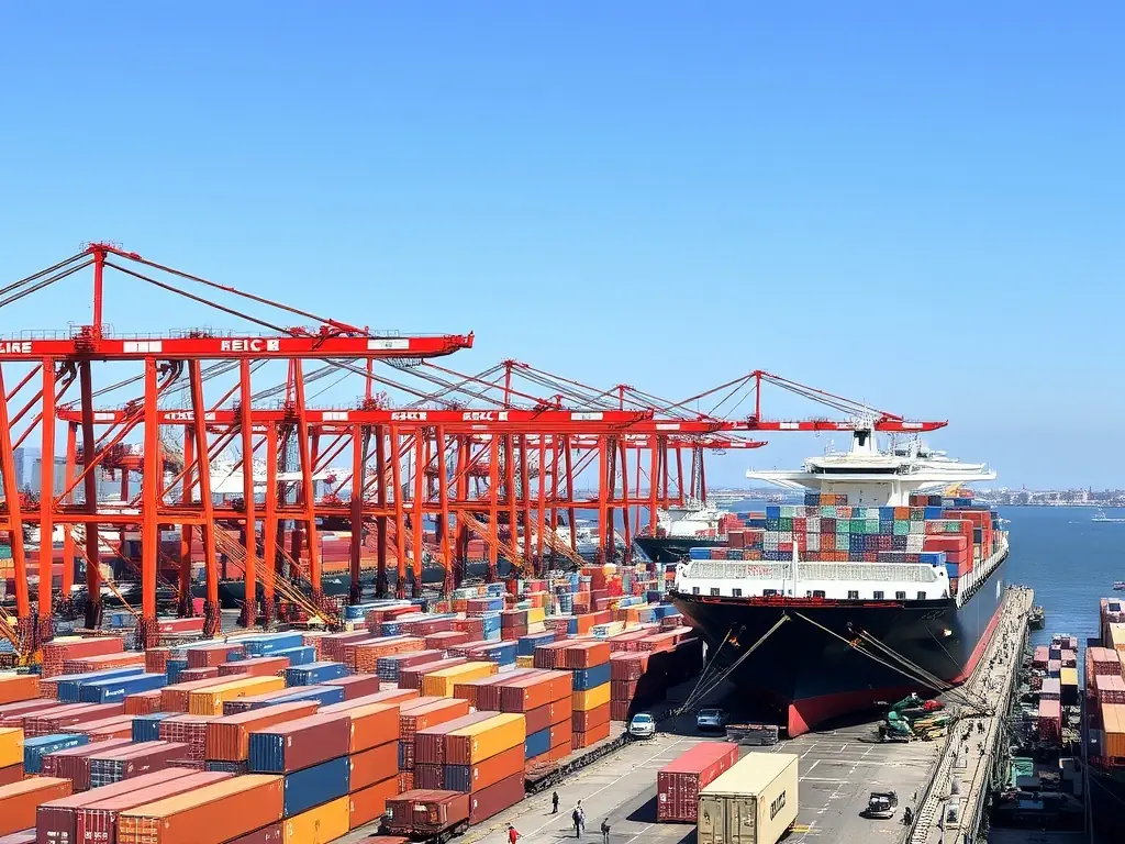 A bustling international port with cargo ships being loaded with various goods, symbolizing A One Plus Group's expertise in global trade and logistics.